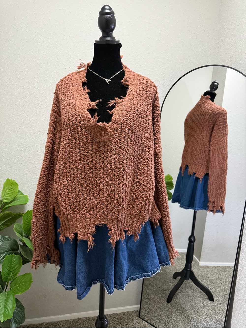 Wishlist Distressed Chunky Knit Cowl Sweater in Rust